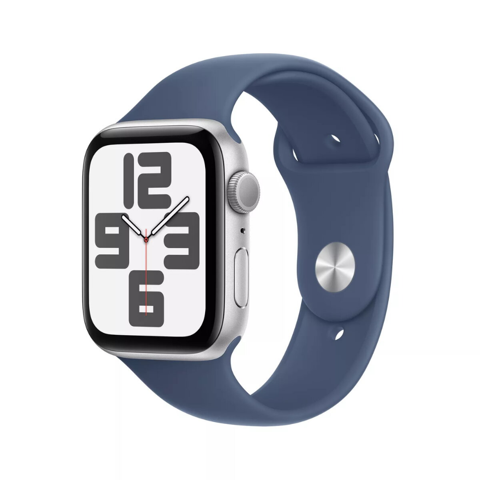 Smartwatch Apple Watch SE GPS 44 mm, zilverkleurige aluminium behuizing, blauwe denim sportband, maat S/M