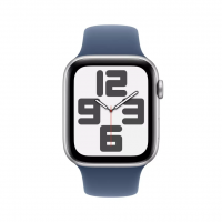 Smartwatch Apple Watch SE GPS 44 mm, zilverkleurige aluminium behuizing, blauwe denim sportband, maat S/M