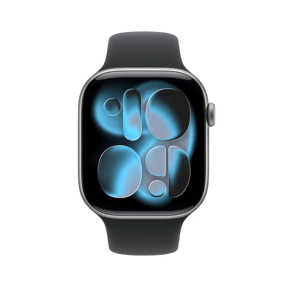 Smartwatch Apple Watch Series 11 GPS 46 mm Space Grey, aluminium behuizing, zwarte sportband, maat S/M