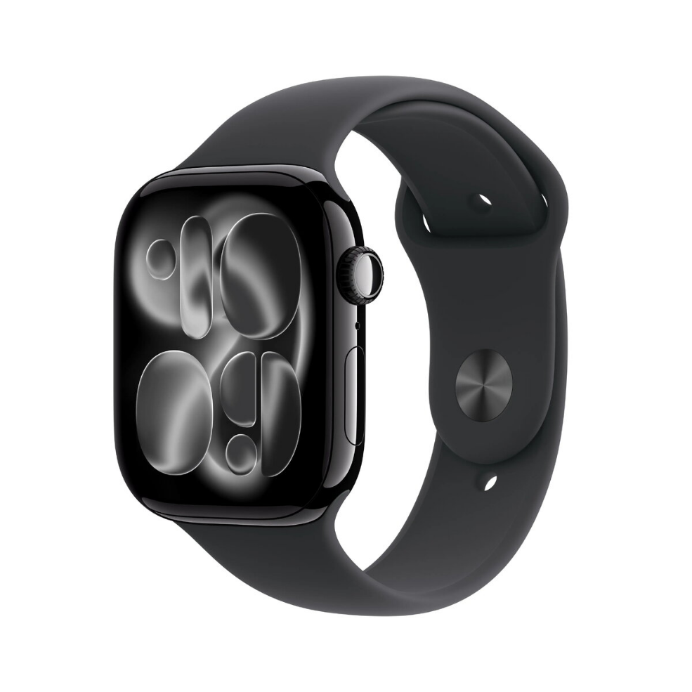 Smartwatch Apple Watch Series 11 GPS 46 mm, tiefschwarz, Aluminiumgehäuse, schwarzes Sportarmband, Größe S/M