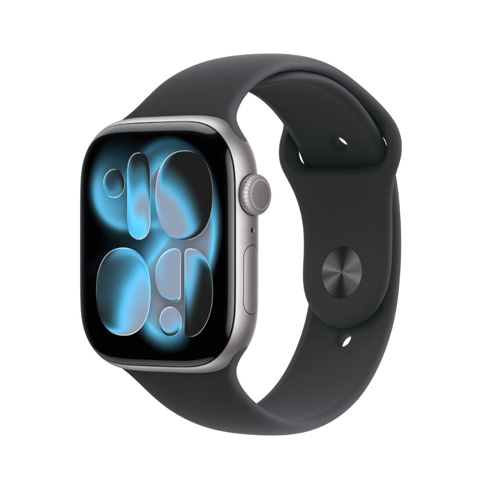 Smartwatch Apple Watch Series 11 GPS 46 mm Space Grey, aluminium behuizing, zwarte sportband, maat S/M