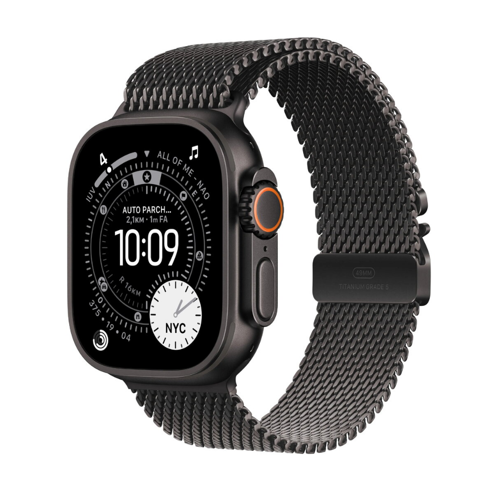 Smartwatch Apple Watch Ultra 3 mit GPS und Mobilfunk, 49 mm, schwarzes Titangehäuse mit schwarzem Milanese Loop aus Titan (mittel) – OLED