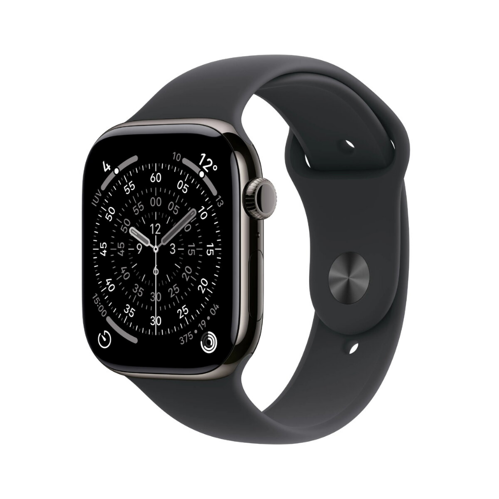 Smartwatch Apple Watch Series 11 GPS + Cellular 42 mm, titaniumschaal in de kleur Slate met zwarte sportband (maat M/L)