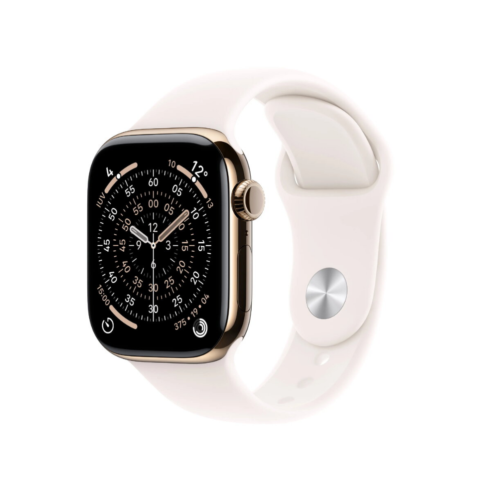 Smartwatch Apple Watch Series 11 GPS + Cellular 42 mm, goudkleurige titanium kast met lichtroze sportband (M/L)