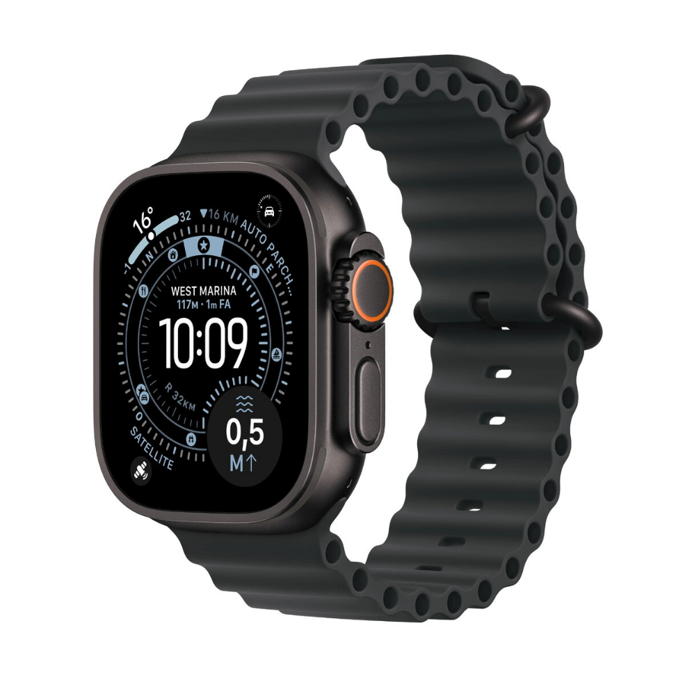 Smartwatch Apple Watch Ultra 3 mit GPS und Mobilfunk, 49 mm, schwarzes Titangehäuse mit schwarzem Ocean-Armband